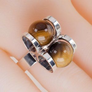 Vintage Finland Designer Elis Kauppi Tiger Eye Sterling Silver Ring Sz: 6.5